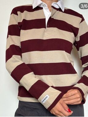 KOTN Burgundy and Beige Striped Rugby Top